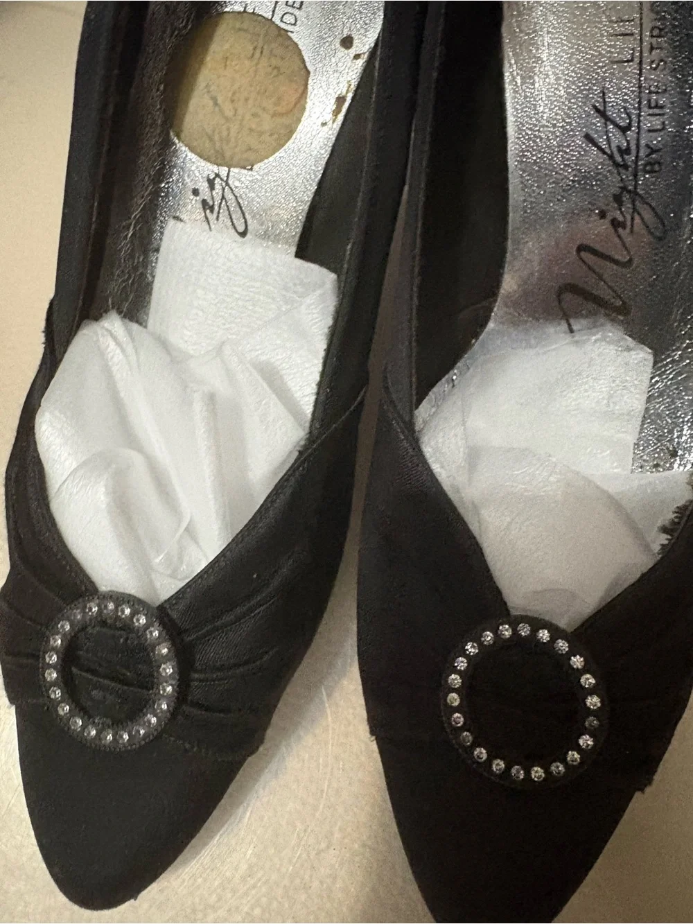 Life Stride Black Satin Pointed Toe Heels with Decorative Crystal Buckle